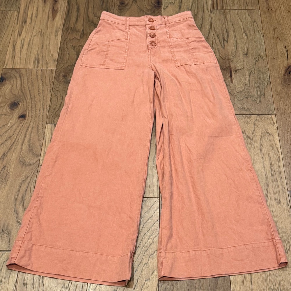 Evereve Terra Linen Blend Wide Leg Button Fly Pants Terracotta Orange Size 24